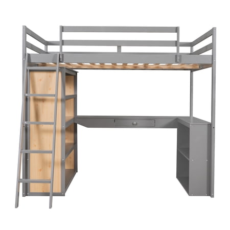 SUGIFT Full Size Loft Bed with Ladder, Shelves, and Desk, Gray