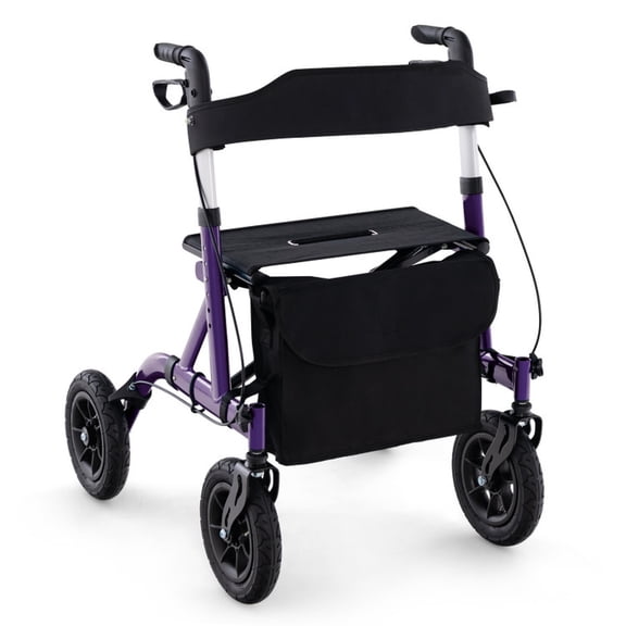 SUGIFT Height Adjustable Rollator Walker with Seat for Seniors, Foldable Lightweight Aluminum Mobility Walker with Padded Backrest and Storage Pouch, Purple
