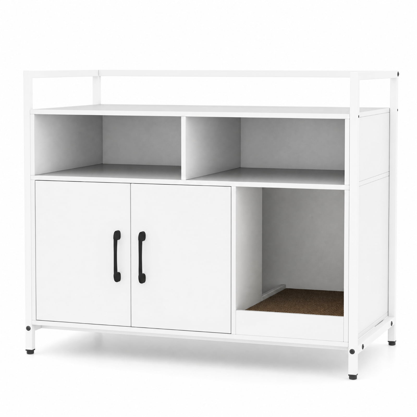 SUGIFT Hidden Cat Litter Box Enclosure, Wooden Cat Washroom Furniture with Double Doors, End Side Table Cat House, Off White