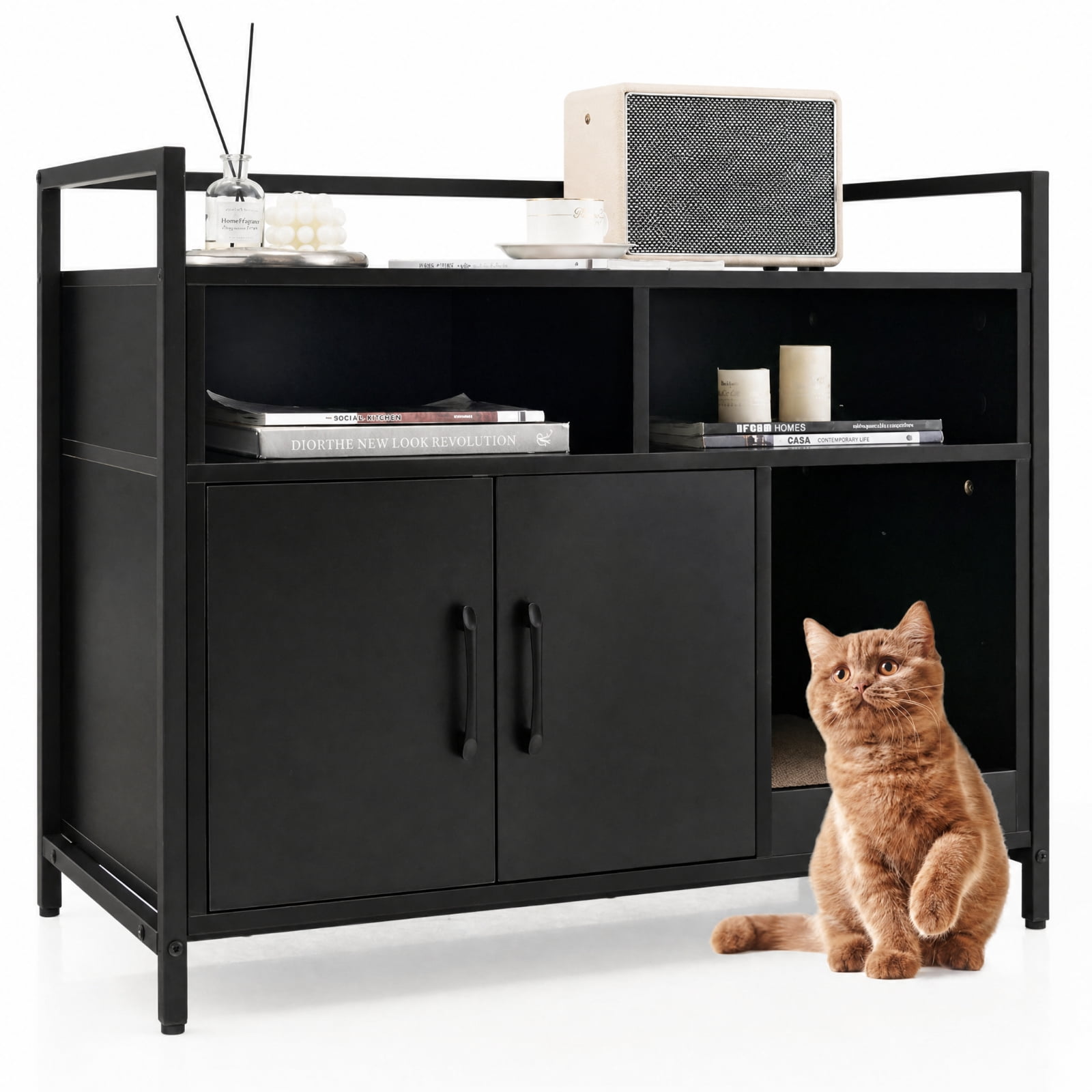 SUGIFT Hidden Cat Litter Box Furniture with Double Doors, Enclosed Cat Washroom Side Table Cabinet with Scratch Cardboard, Black
