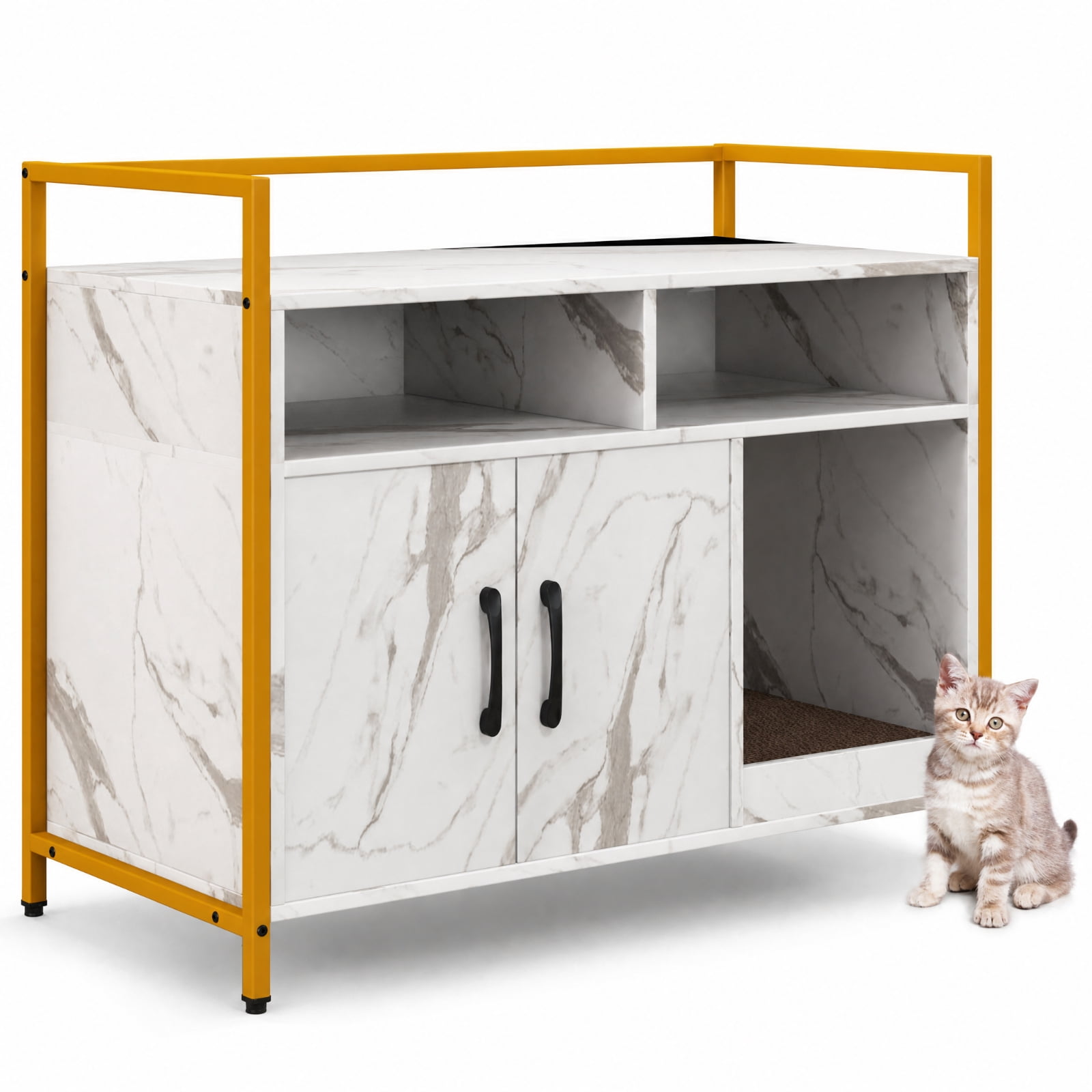 SUGIFT Hidden Cat Litter Box Furniture with Double Doors, Enclosed Cat Washroom Side Table Cabinet with Scratch Cardboard, White