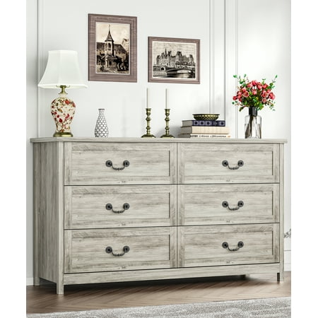 SUGIFT 6 Drawer Double Dresser, Wood Chest of Drawers for Bedroom, Gray Finish