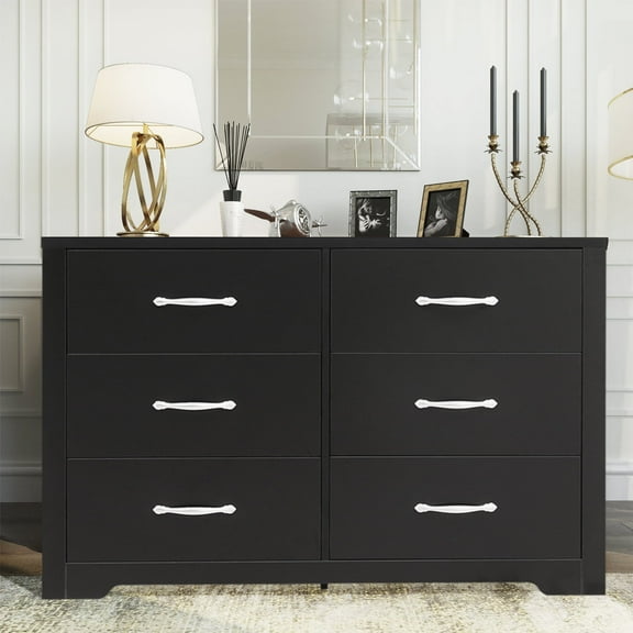 SUGIFT 6 Drawers Dresser for Bedroom, Wood Chest of Drawers, Black Finish