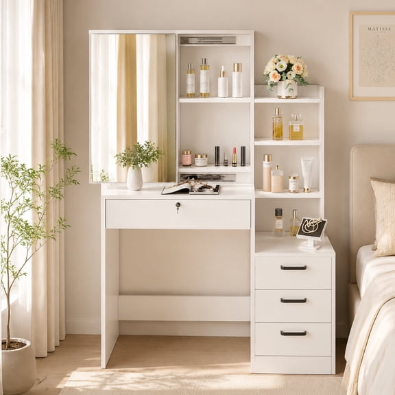 SUGIFT Vanity Table with Sliding Mirror and LED Lights, Makeup Dressing Table with Storage Drawers and Shelves, White