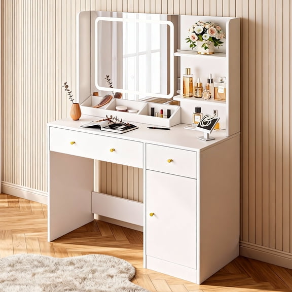SUGIFT White Vanity Desk with Lighted Mirror, Makeup Table with Charging Station, Large Vanity Set with 3 Storage Compartments for Bedroom