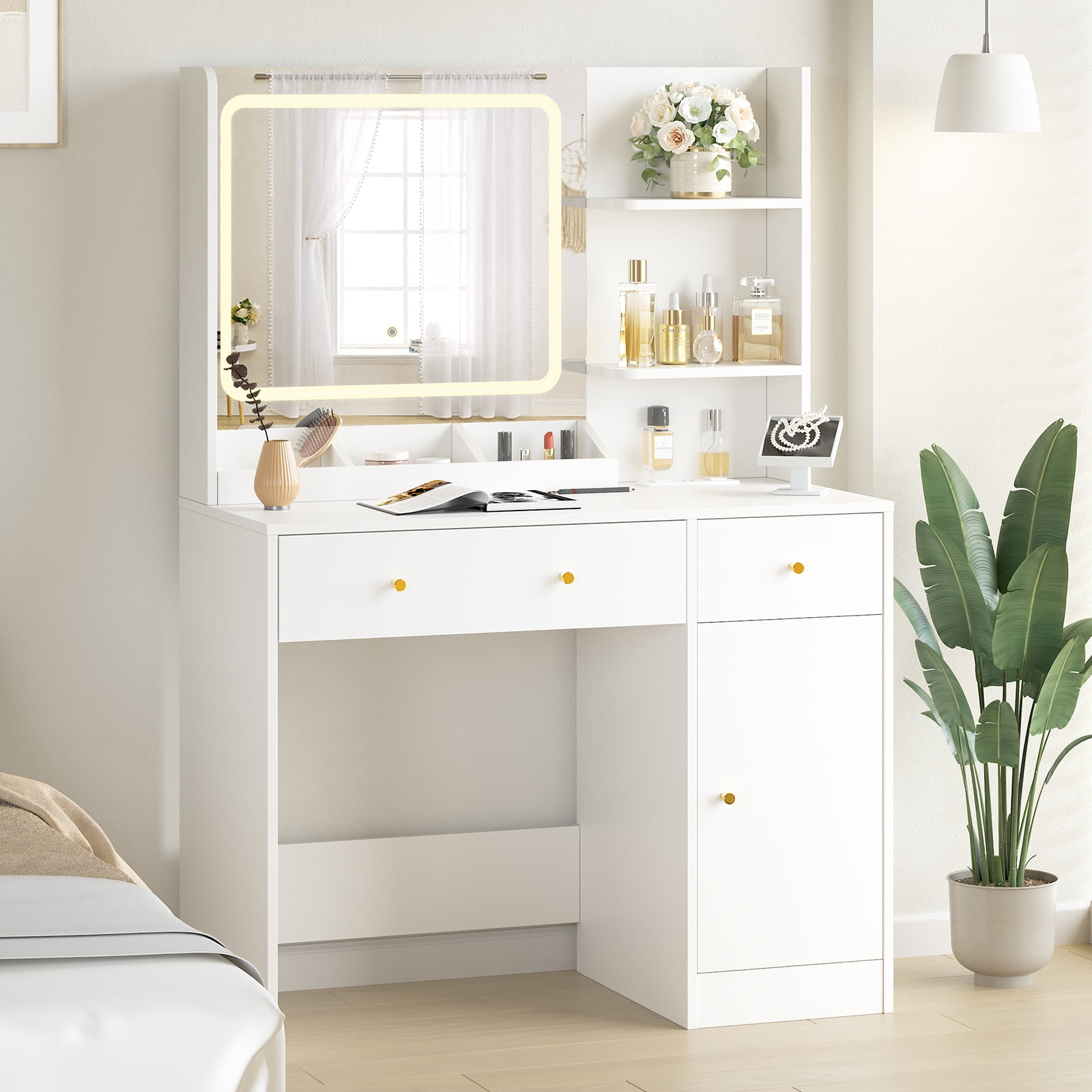 SUGIFT Makeup Vanity Desk Dressing Table with LED Lights \u0026 Power Strip - White