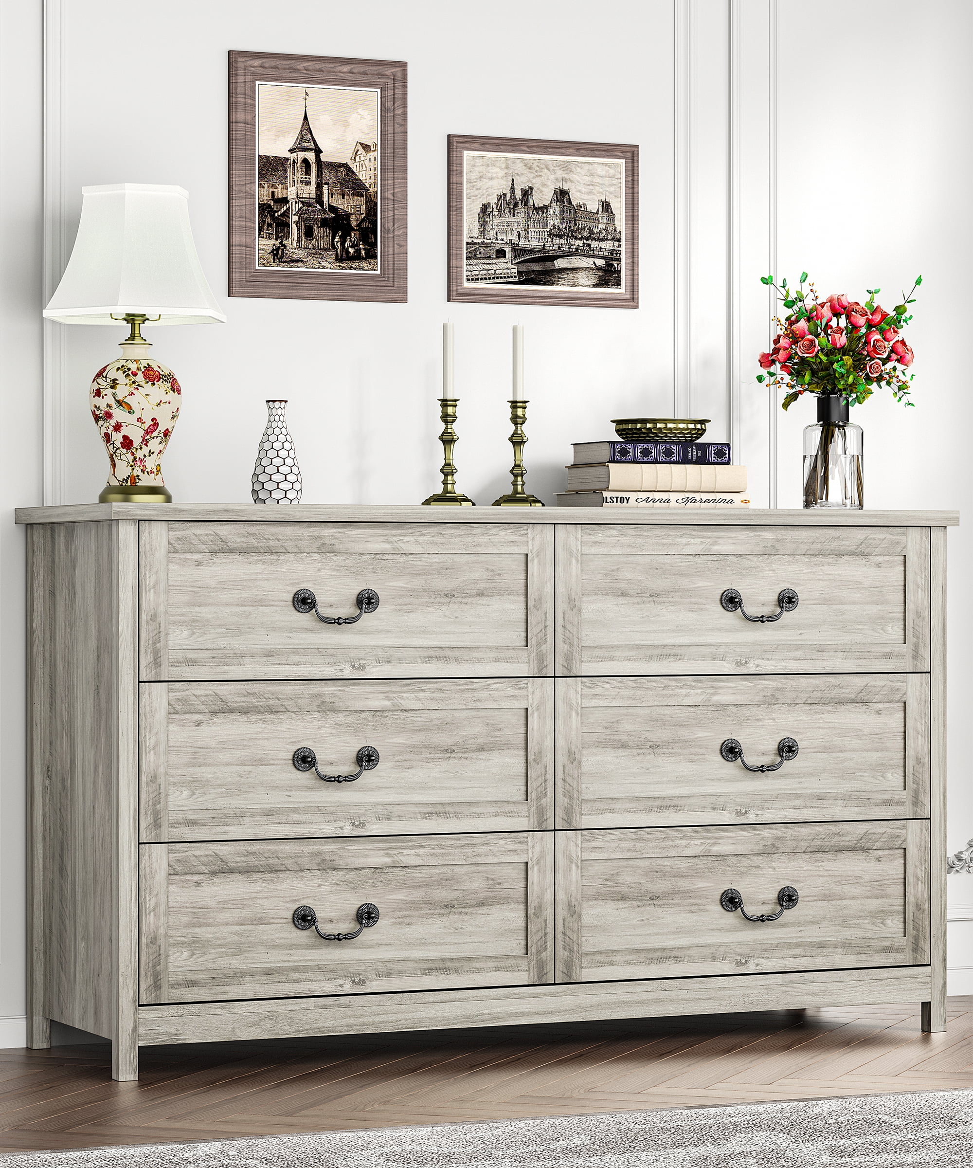 Black 6-Drawer Double Dresser with Metal Handles