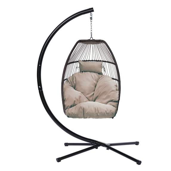 SUGIFT Outdoor Patio Wicker Folding Hanging Chair,Rattan Swing Hammock Egg Chair With C Type Bracket , With Cushion And Pillow