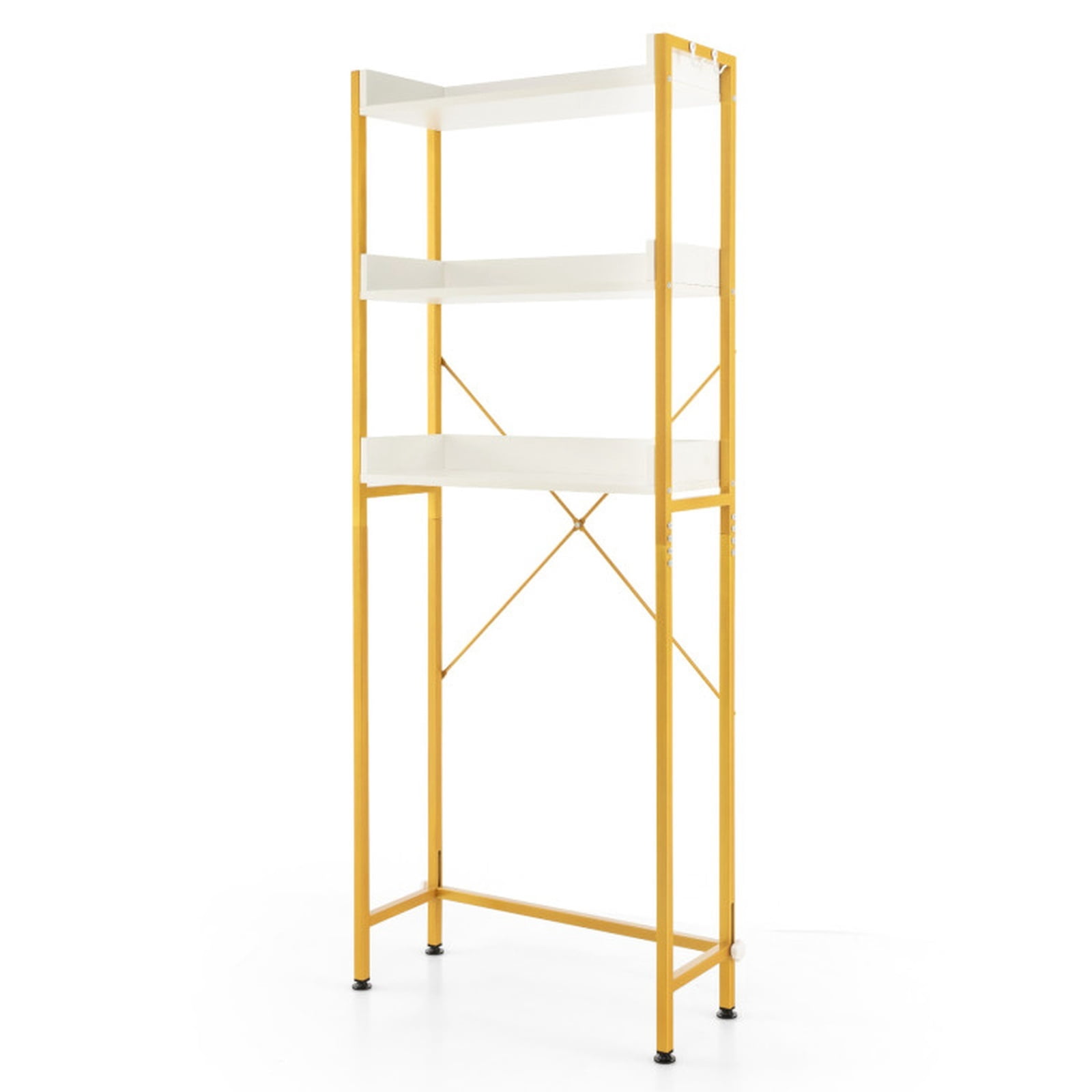 SUGIFT Over the Toilet Storage Rack with 4 Side Hooks 3 Tier Open Shelves Adjustable Bottom Bar Rustproof Metal Frame and X Shaped Structure, White