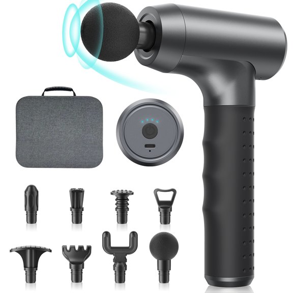 SUGIFT Percussion Massage Gun with 8 Interchangeable Heads and Brushless Motor, Cordless Deep Tissue Muscle Massager, Rechargeable Handheld Body Massager with US Adapter, Black