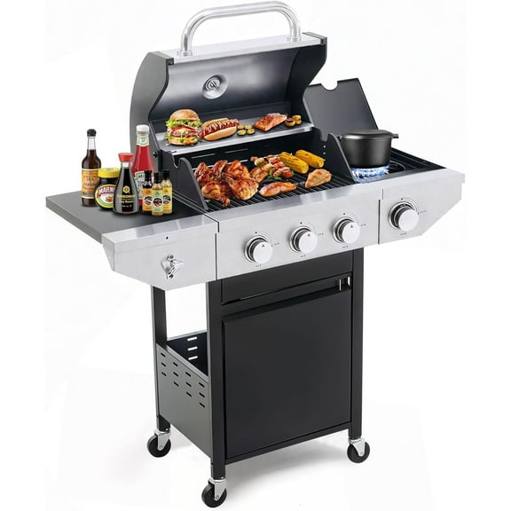 Furnibear Propane Grill 3 Burner Barbecue Grill Stainless Steel Gas Grill with Side Burner & grill Cover