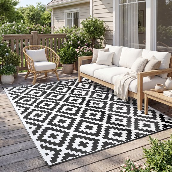 SUGIFT Reversible Outdoor Patio Rug 5x8 ft Waterproof RV Camping Mat Portable Plastic Straw Mat for Deck Porch Backyard and RV with Carry Bag, Multicolor