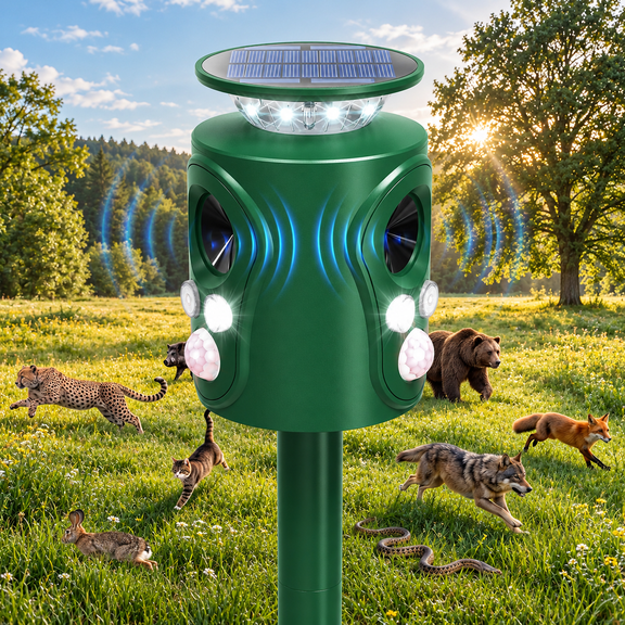 SUGIFT Solar Ultrasonic Animal Repellent Outdoor, 360 Degree Motion Sensor Repeller with 5 Modes, Strobe & Alarm, IP66 Waterproof Deer Cat Squirrel Raccoon Rabbit Deterrent Devices for Yard Garden