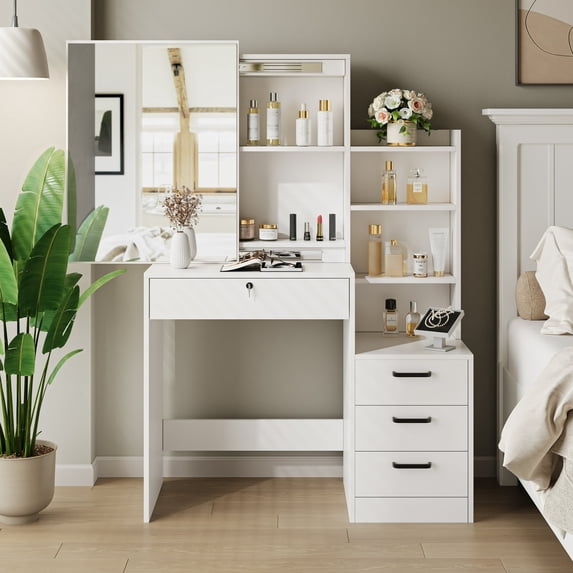 SUGIFT White Lighted Makeup Vanity Table with Sliding Sliding Mirror, Modern Dressing Table Desk with Storage for Bedroom
