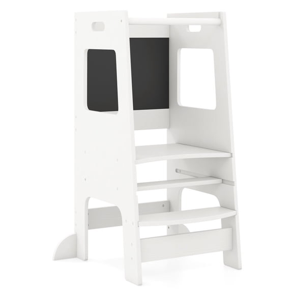 SUGIFT Wood Step Stool with Activity Chalkboard, Foldable 2 Step Stool with Adjustable Height for Kitchen Counter and Bathroom Sink, Toddler Learning Helper Stool, White