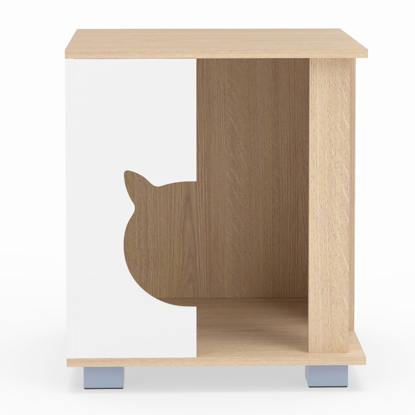 SUGIFT Wooden Cat Condo Side Table, Semi Enclosed Modern Pet House End Table Nightstand with Kitty Head Shaped Entry, Thick Metal Legs and Ventilated Hideaway for Living Room Bedroom, Natural