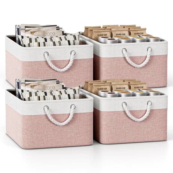 SUGIFT Woven Storage Baskets 4 Pack Rope Handle Fabric Bins with Base Board Linen Shelf Organizer Bins for Closet Nursery and Home 16" X 12" X 8", Khaki