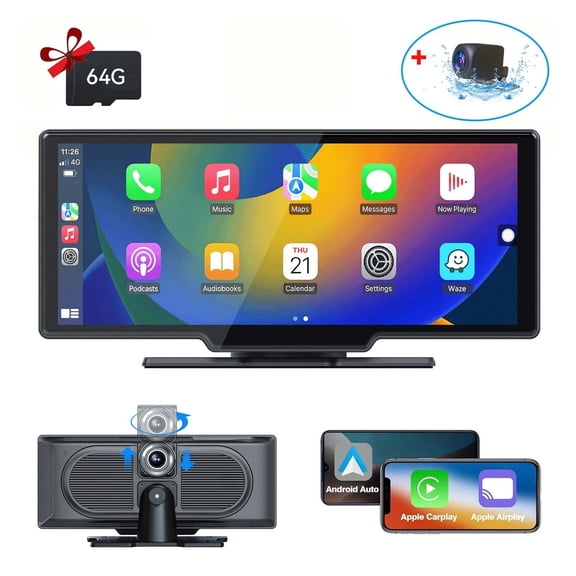 SUGUANGHUI 10.26" Wireless Apple Carplay Screen with Android Auto, 4K Dash Cam, Backup Camera, Bluetooth, GPS, Voice Control