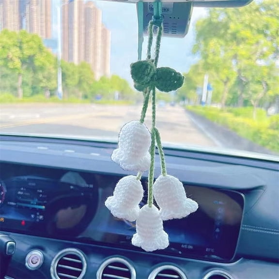 SUGUANGHUI Car Mirror Hanging Accessories,Cute Car Accessories For Women,Rear View Mirror Accessories Hanging,Bellflower Hand Knitted Car Pendant,Suitable For Backpacks, Key Chains (Pink)