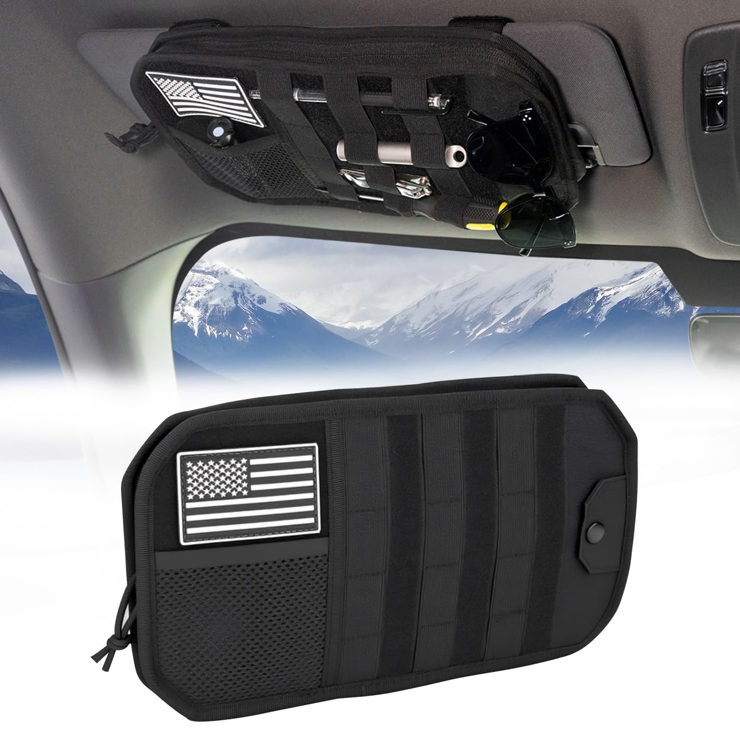 SUGUANGHUI Car Sun Visor Organizer, Multi-Pocket Visor Organizer Storage Pouch with Zippers, Elastic Bands & Glasses Clip, Car Visor Accessories
