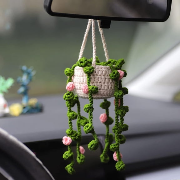 SUGUANGHUI Cute Crochet Hanging Orchid Potted Plants Crochet Car Mirror Hanging Accessories Cute Car Accessories for Men Women Handmade Knitted Rear View Mirror Accessories(White Flowers B)