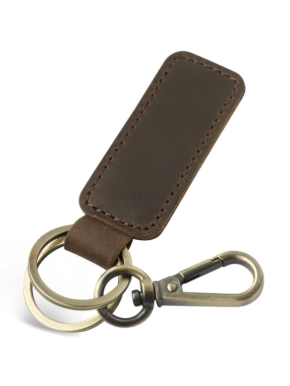 Genuine Leather Car Keychain, Universal Key Fob Keychain, Leather Key Chain Holder for Men and Women, 2 Keyrings and Carabiner Clip, JC306-Brown