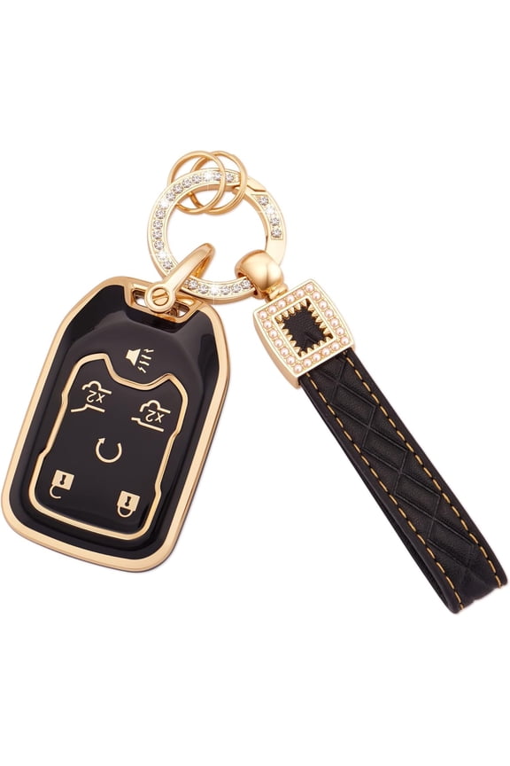 Key Fob Cover ,Car Accessories with Keychain 6 Button Key Shell Case TPU (Black)