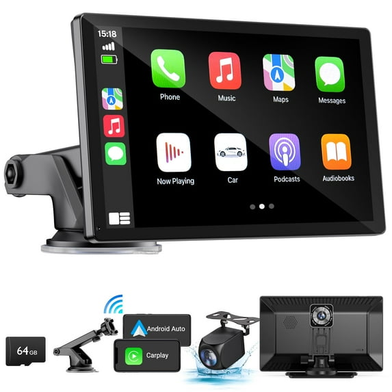 SUGUANGHUI Wireless Apple Carplay Screen for Car 4K Dash Cam, 9" Portable Apple Carplay & Android Auto Car Stereo, with 1080p Backup Camera, GPS Navigation/Mirror Link/Voice Control/Bluetooth