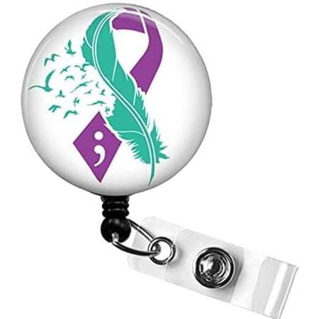 Suicide Awareness Semi Colon Retractable Badge Holder, Suicide Loss Ribbon Feather and Birds ID Badge