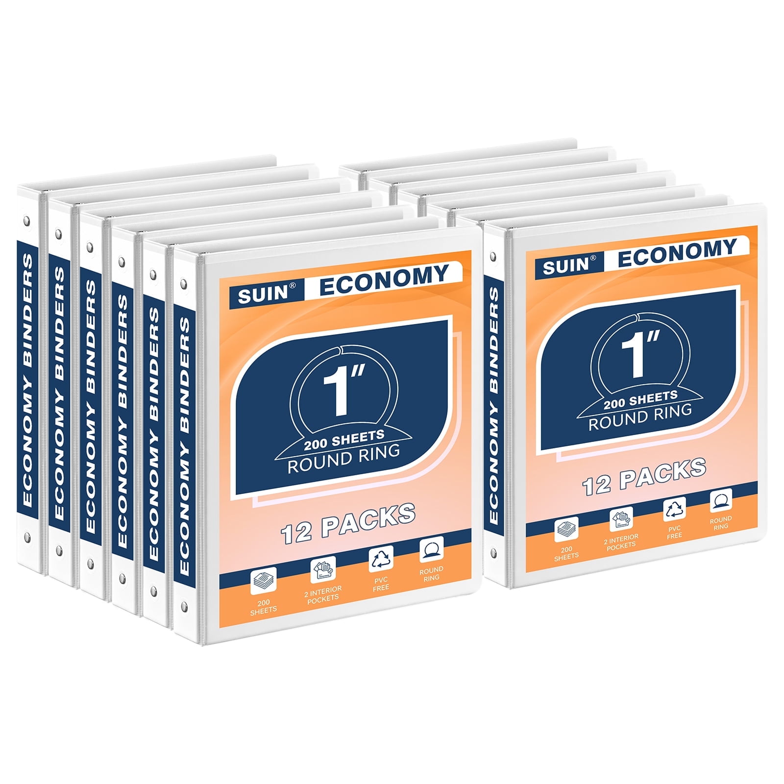 SUIN Economy 1 inch 3 Ring Binder for Work, Clear View Cover, Two Pocket, 12-Pack, White