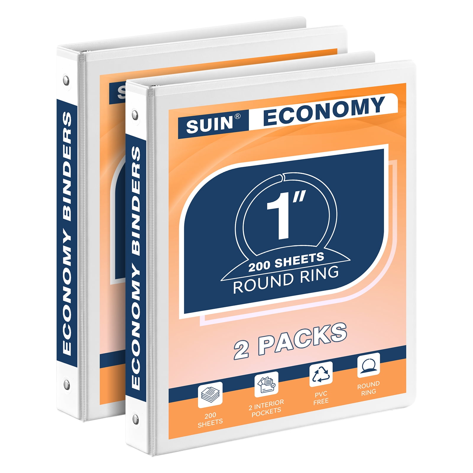 SUIN Economy 1 inch 3 Ring Binder for Work, Clear View Cover, Two Pocket, 2-Pack, White