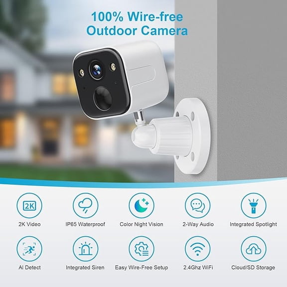 SUJTKZL Security Cameras Wireless Outdoor, Battery Powered WiFi Camera for Home Security, 2K Color Night Vision, AI Motion Detection, IP65 Waterproof, 2-Way Audio, Spotlight & Siren, Cloud/SD Storage