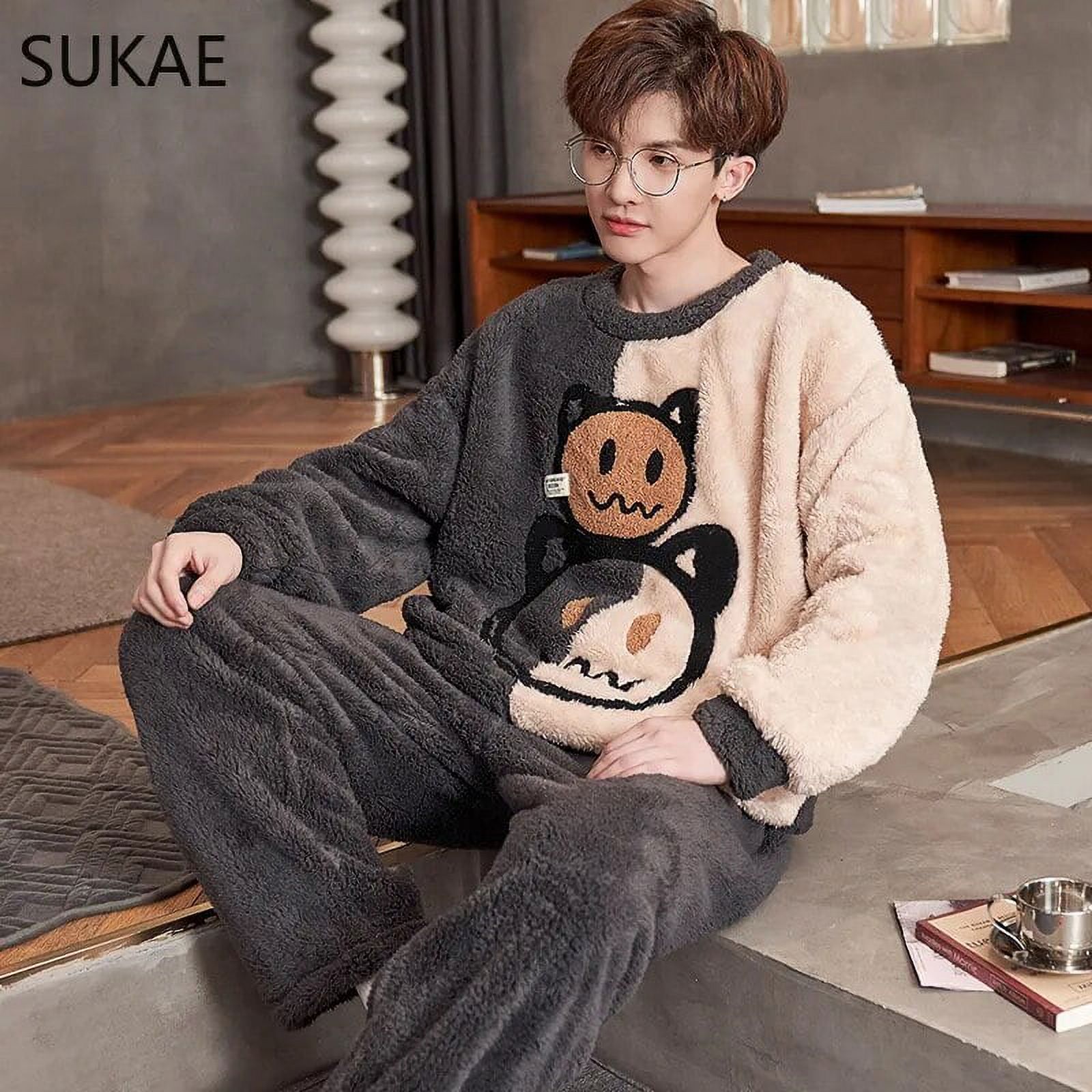 SUKAE Cool Mens Winter Pajamas Set Thermal Homewear Thick Plush Velvet Nightwear Leisure Teddy