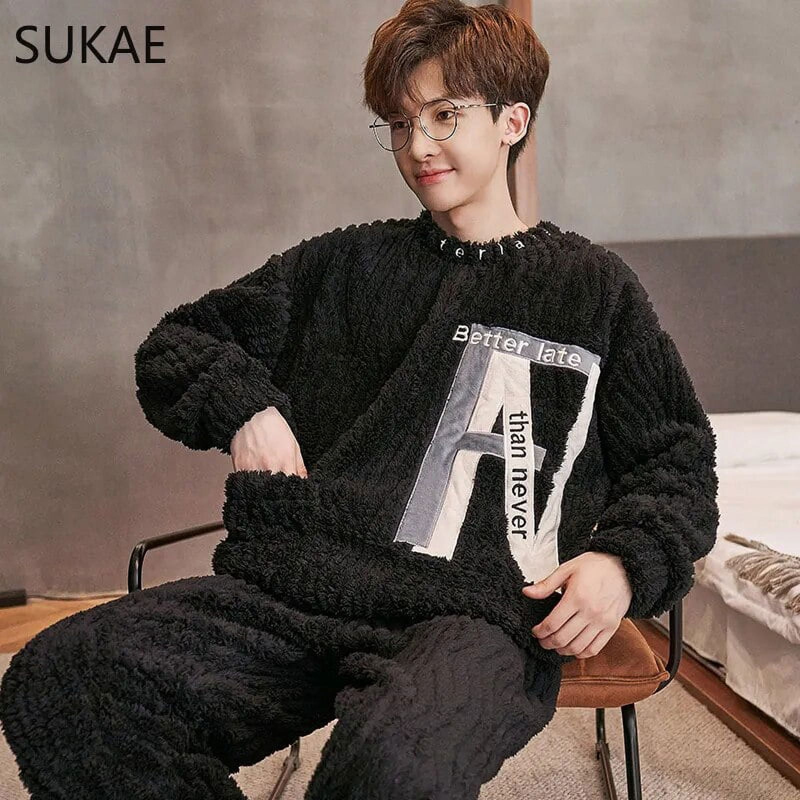 SUKAE Cool Mens Winter Pajamas Set Thermal Homewear Thick Plush Velvet Nightwear Leisure Teddy