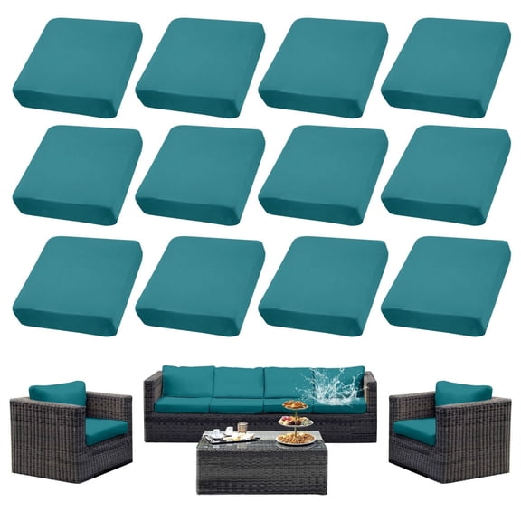 SUKAIKEQA 12-Piece Waterproof Stretch Patio Cushion Covers with Elastic Hem for Indoor Outdoor Furniture,Outdoor Patio Wicker Sofa Washable Cushion Slipcovers,Cover Only,Peacock Blue