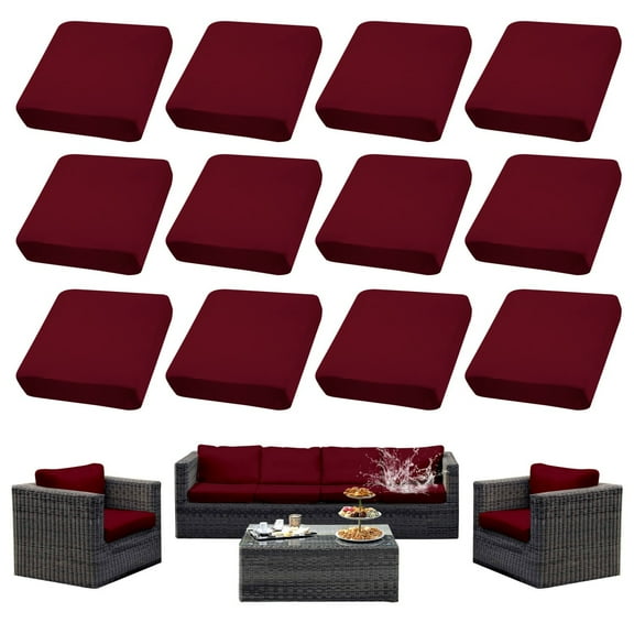 SUKAIKEQA 12-Piece Waterproof Stretch Patio Cushion Covers with Elastic Hem for Indoor Outdoor Furniture,Outdoor Patio Wicker Sofa Washable Cushion Slipcovers,Cover Only,Wine Red