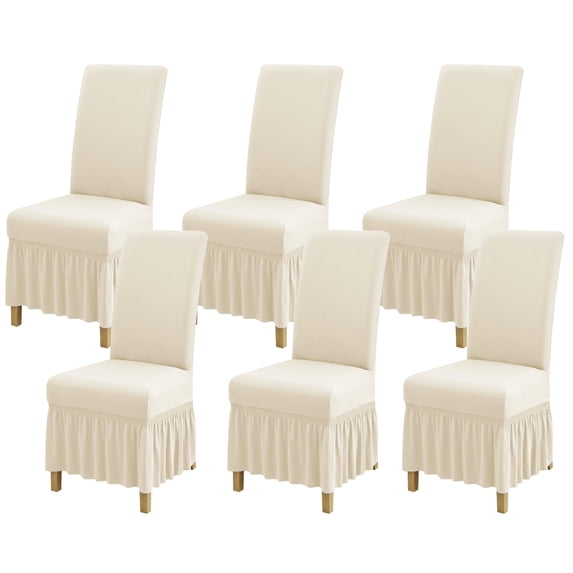 SUKAIKEQA Dining Room Chair Covers Set of 6, Stretch Parsons Slipcovers with Skirt Super Fit Spandex Chair Seat Protector Cover for Dining Room, Hotel, Ceremony,Beige