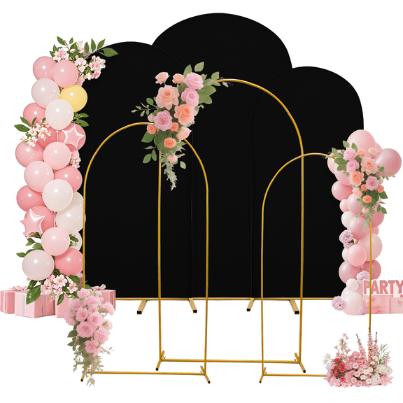 SUKAIKEQA Metal Arch Stand with Spandex Covers, Set of 3, Wedding Party Decorations (Black, 7.2FT 6.6FT 6FT)