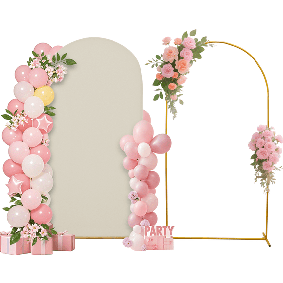 SUKAIKEQA Metal Arch Stand with Spandex Covers, Wedding Party Decorations (Beige, 7.2FT)