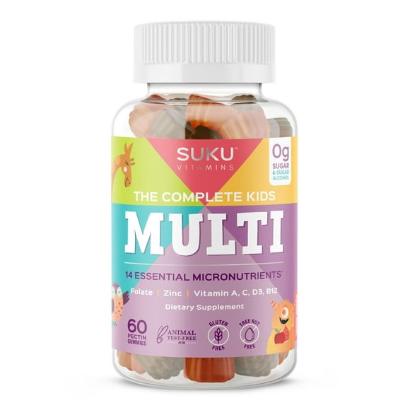 SUKU The Complete Kids Multivitamin Gummies  Vitamins A, C, D, E, B6, B12, Folate & Zinc  Immune Support, Sugar-Free, Gluten-Free, Non-GMO, Tropical Bonanza Flavor  60 Count