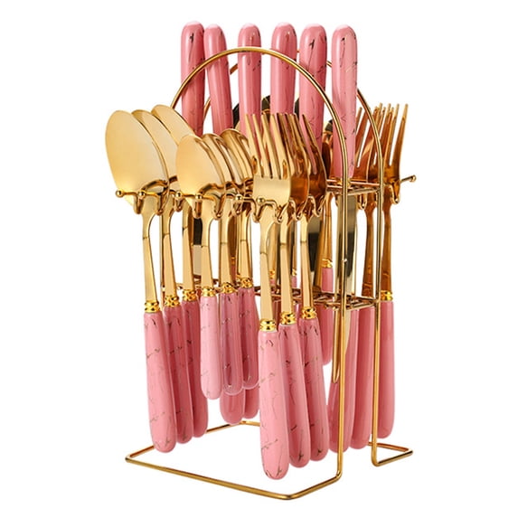 SUKVPSI Flatware Sets 24Pcs Fork Spoon and Knife Set with Stand, Marble Pattern Themed Cutlery, Stainless Steel Gold-plated Knives, Forks, Spoons, with Ceramic Marble Patterned Handle