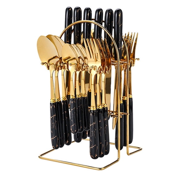 SUKVPSI Flatware Set 24Pcs Fork Spoon and Knife Set with Stand, Marble Pattern Themed Cutlery, Stainless Steel Gold-plated Knives, Forks, Spoons, with Ceramic Marble Patterned Handle