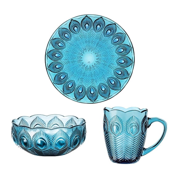 SUKVPSI Peacock Pattern Blue Embossed Glass Dinnerware Set, 3-Piece Lead-Free Dishware with Plate, Bowl and Mug for Breakfast Lunch and Dinner