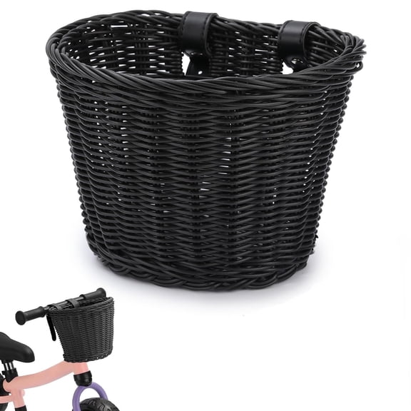 RINAPI Bike Basket for Front Handlebar Kid Adult Bicycle Handlebar Wicker Basket Bike Decoration Waterproof with Leather Straps Accessories Basket(Black)