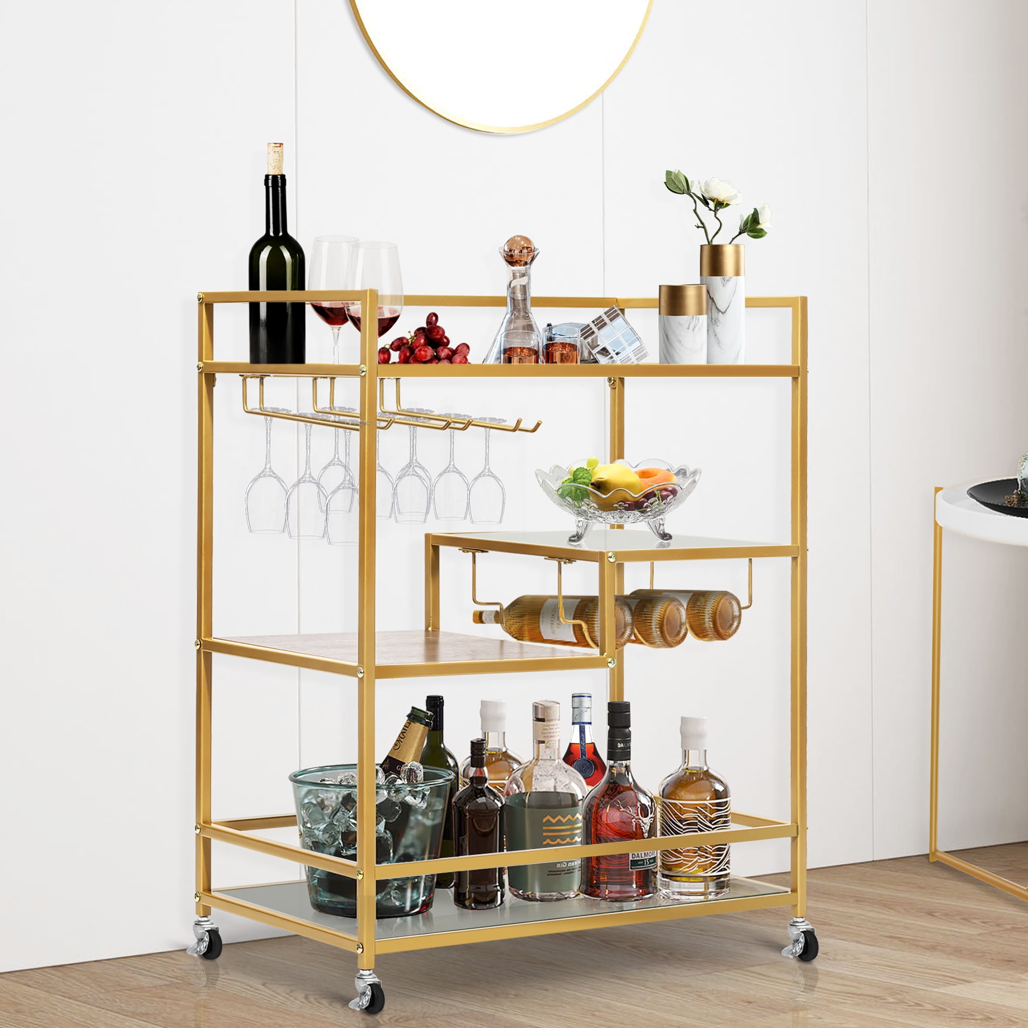 SULIVES Gold Bar Carts with 4 Tier Shelves Wine Rack, Tempered Glass ...