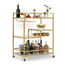 SULIVES Gold Bar Carts with 4 Tier Shelves Wine Rack, Tempered Glass Holder, and Lockable Wheels