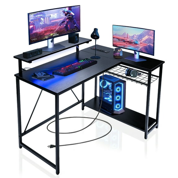 SULIVES L-Shaped Gaming Desk: 42'' Corner Computer Desk with LED Lights, Outlets, Shelves, and USB Charging Port - Black