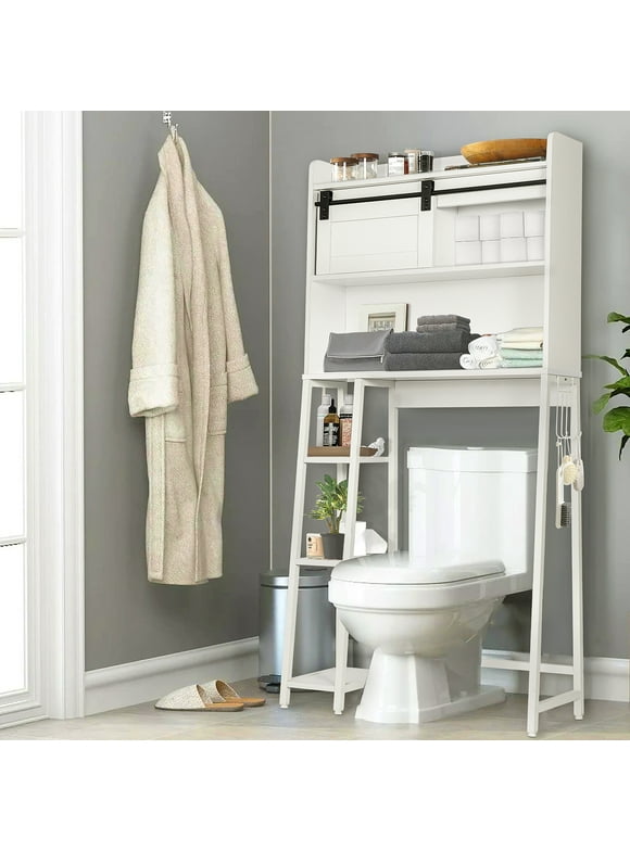 SULIVES Over The Toilet Storage with Cabinet, Sliding Barn Door, Side Storage Open Rack, Mass-Storage Over Toilet with Hooks Bathroom Organizer, White