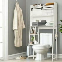 SULIVES Over The Toilet Storage Cabinet: White Bathroom Organizer with Sliding Barn Door, Side Open Rack, and Hooks, Wood