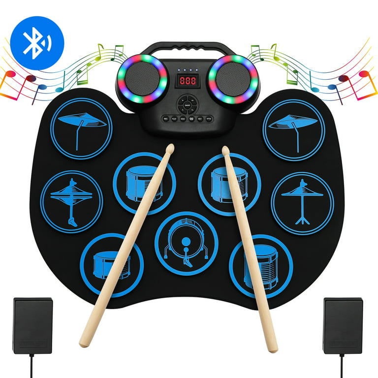 SULOBOM Electronic Drum Set, Portable Electronic Drum Kit, Roll-Up Electronic  Drum Pad with Bluetooth & LED Light, Built-in Dual Stereo Speakers, Holiday  Birthday Gift for Kids Adults 